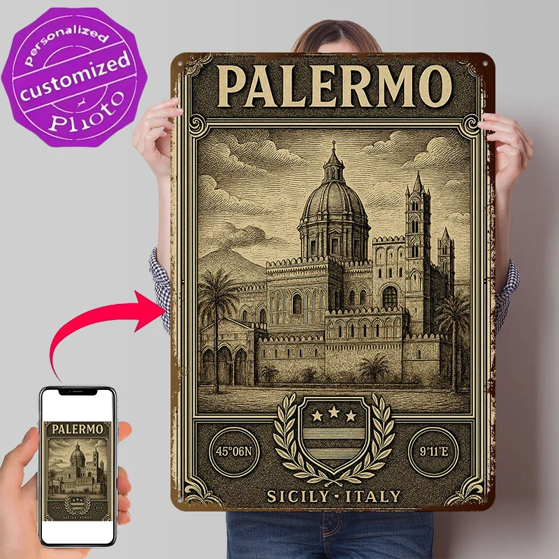 Palermo Sicily Italy Vintage Travel 3D Printed Texture Poster Personalized Wall Art Retro Metal Tin Signs for Custom Plate House