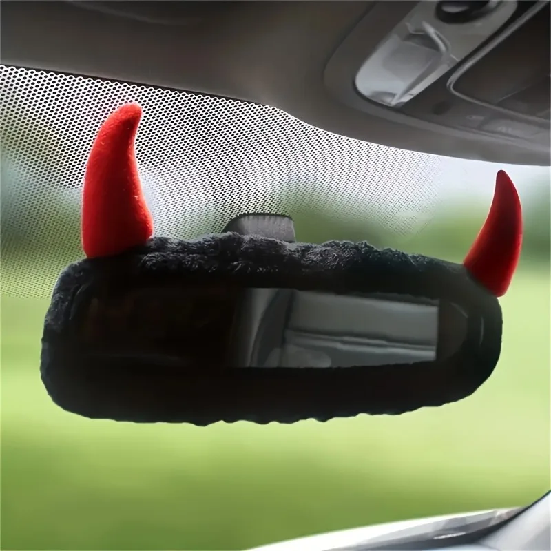 1pc Cute Devil Horn Car Rearview Mirror Cover - Creative Fabric Decoration for Vehicle Interior, for Halloween