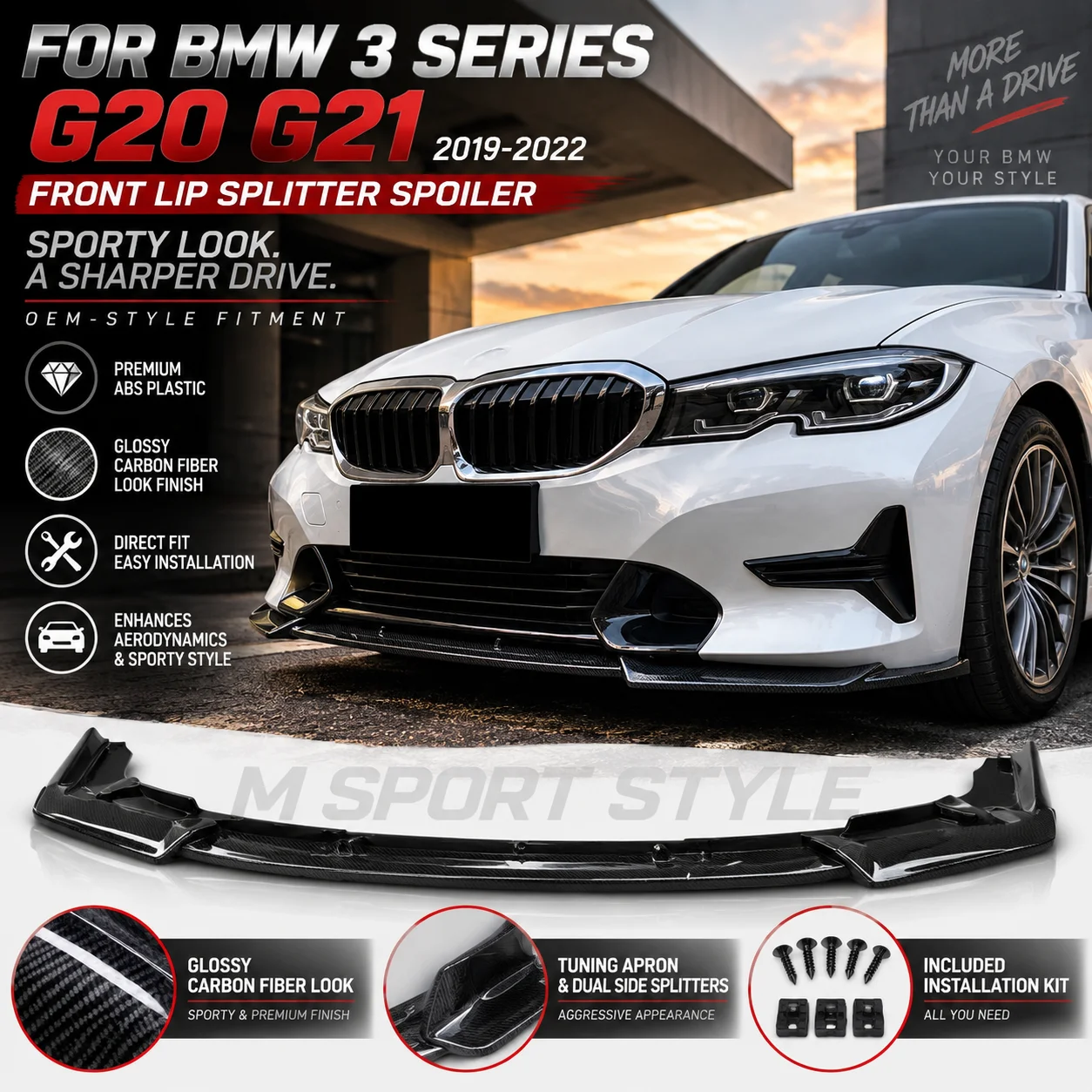 Für BMW 3er G20 G21 Frontspoilerlippe 320i 2019-2022 M Sport Glänzend Schwarz Carbon-Optik ABS-Kunststoff Karosserie-Kit Tuning Frontspoiler Direkte Passform Einfache Montage Autozubehör Auto-Styling