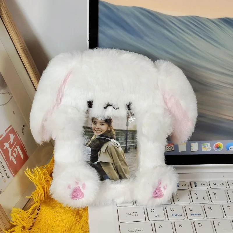 Cute Plush Rabbit Card Holder for 3-inch K-Pop Photos Cartoon Bunny ID Card Protector for Campus Meal Card Cute Accessories