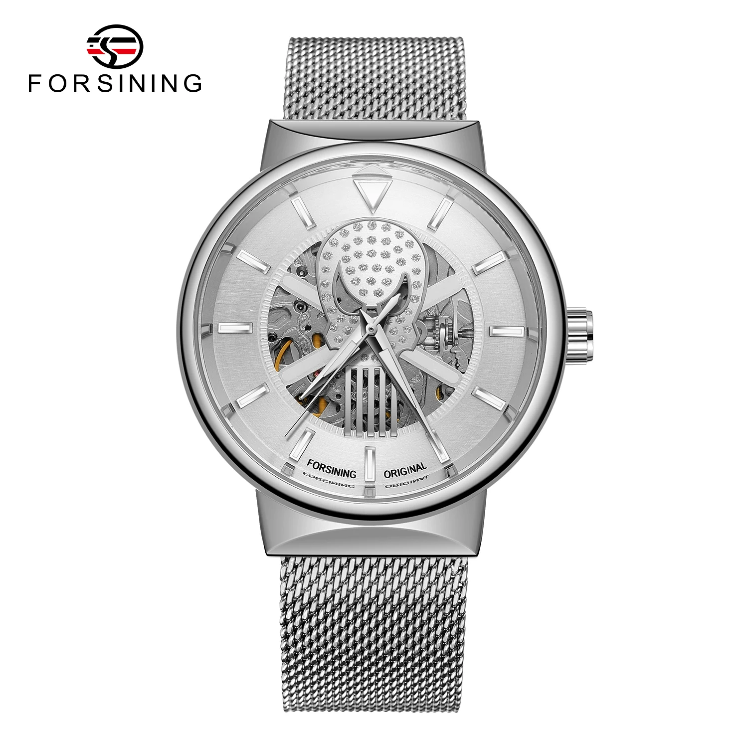 Forsining Skull Mechanical Watches Engraved Movement Luminous Hands Mesh Stainless Steel Band Black Skeleton Automatic Men Watch