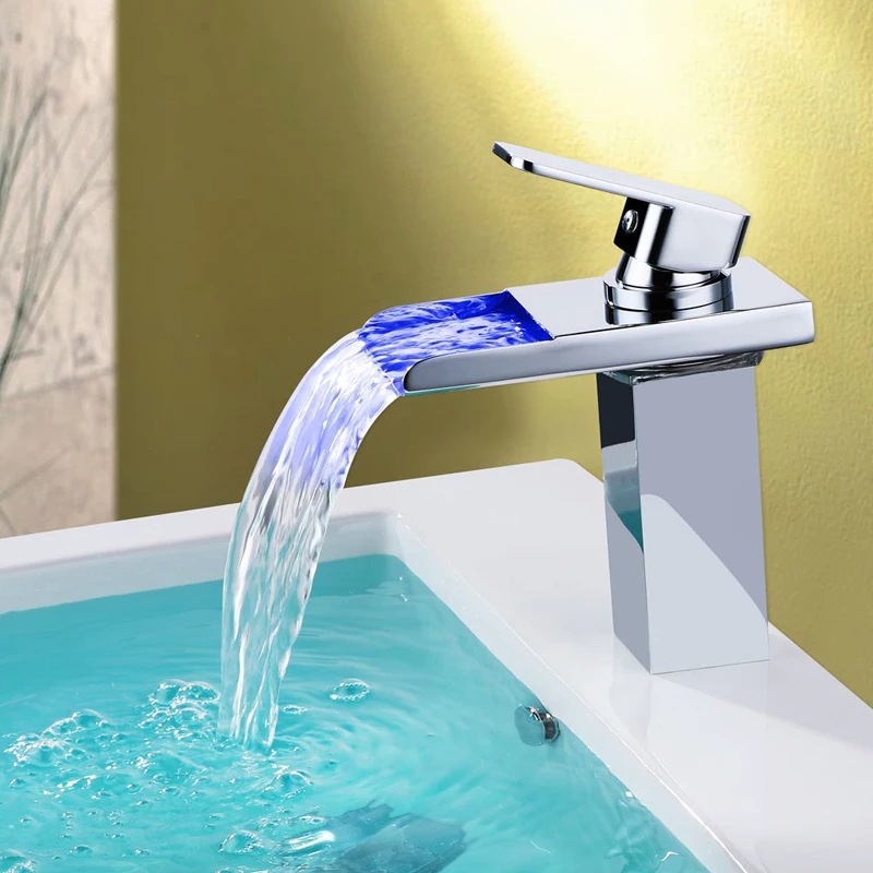 

LED Basin Faucet Hot And Cold Stainless Steel Waterfall Faucet Temperature Colors Change Bathroom Tap Single Handle Basin Faucet