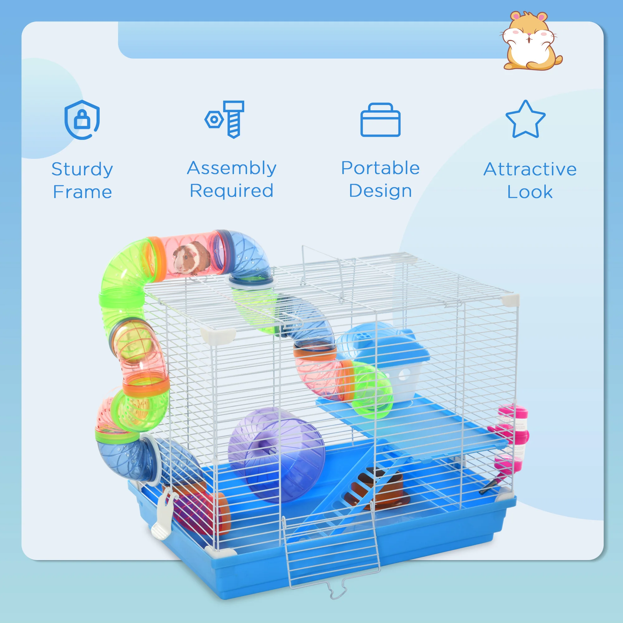 Pawhut 2 Tier Hamster Cage, Gerbil Cage with Exercise Wheels, Tunnel, Tube, Water Bottle, Dishes, Ladder, for Dwarf, Blue