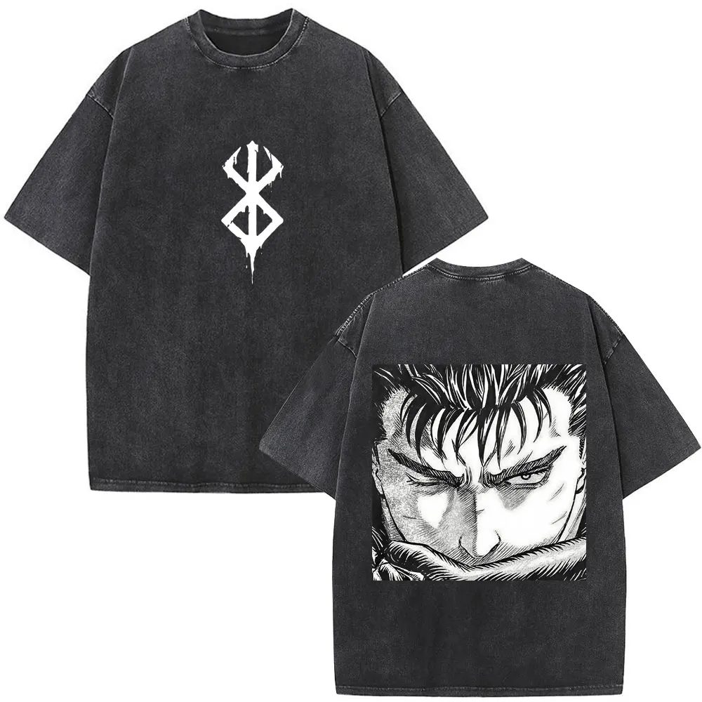 Limted Washed Anime Berserk Guts T-shirt Harajuku Manga Gatsu Griffith Zodd O-Neck Tee Shirt Men Women Cotton Casual Loose Tees view 5
