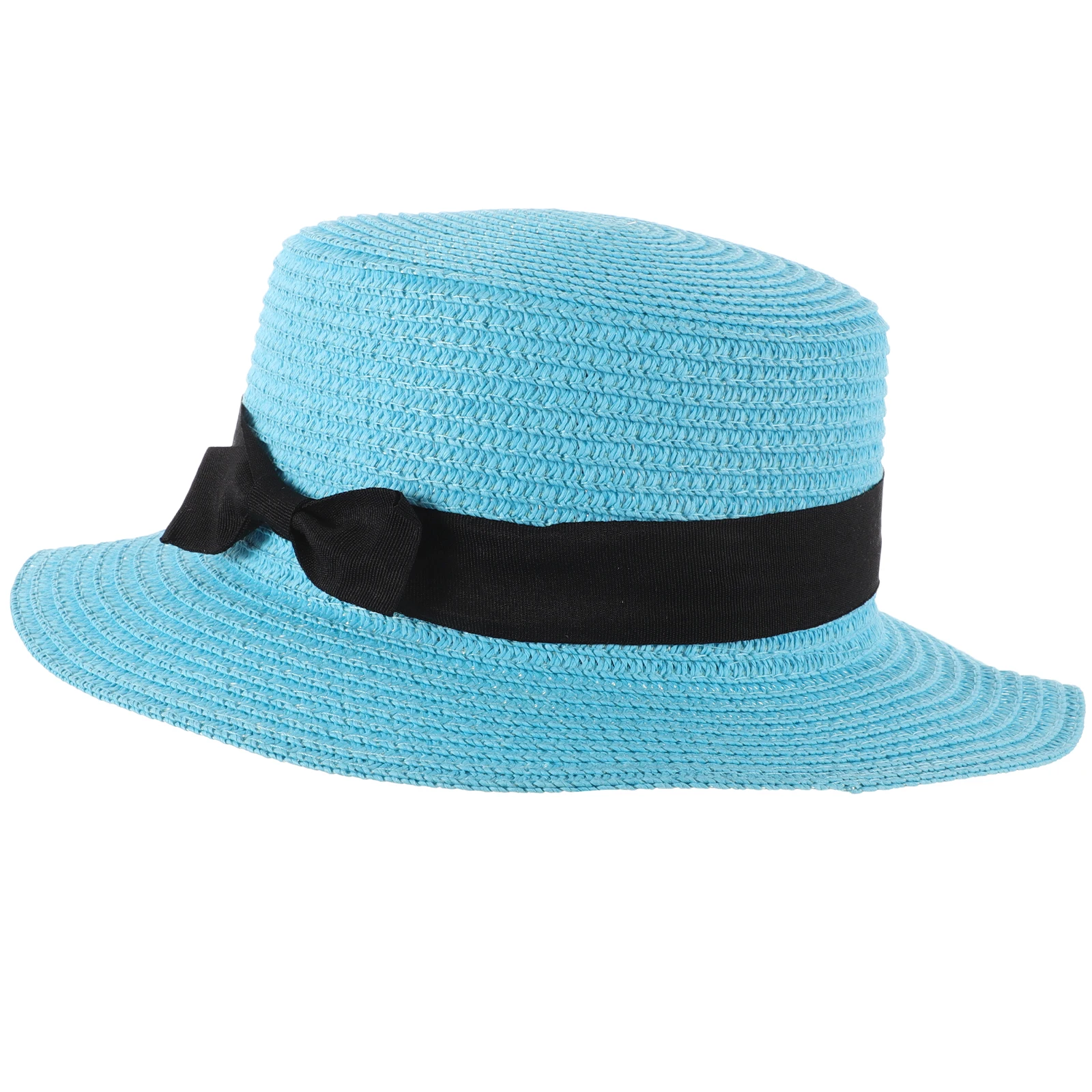 

Sky-Blue Women Girls Straw Summer Sun Hat Bowler Beach Cap Sweet Bowknot Roll-Up Wide Brim Dome Design Foldable