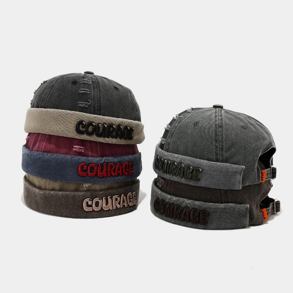 American distressed hole three-dimensional embroidery letter patch front brimless straw hat, trendy and stylish bohemian hat