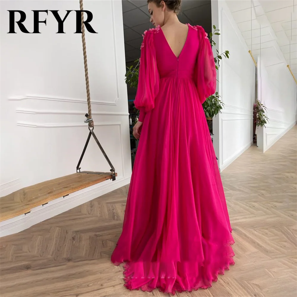 RFYR Elegant Fuchsia Evening Dress with Split Beach Arabic Israel Prom Dresses Regular Sleeve V-neck Women Party Gown Customized