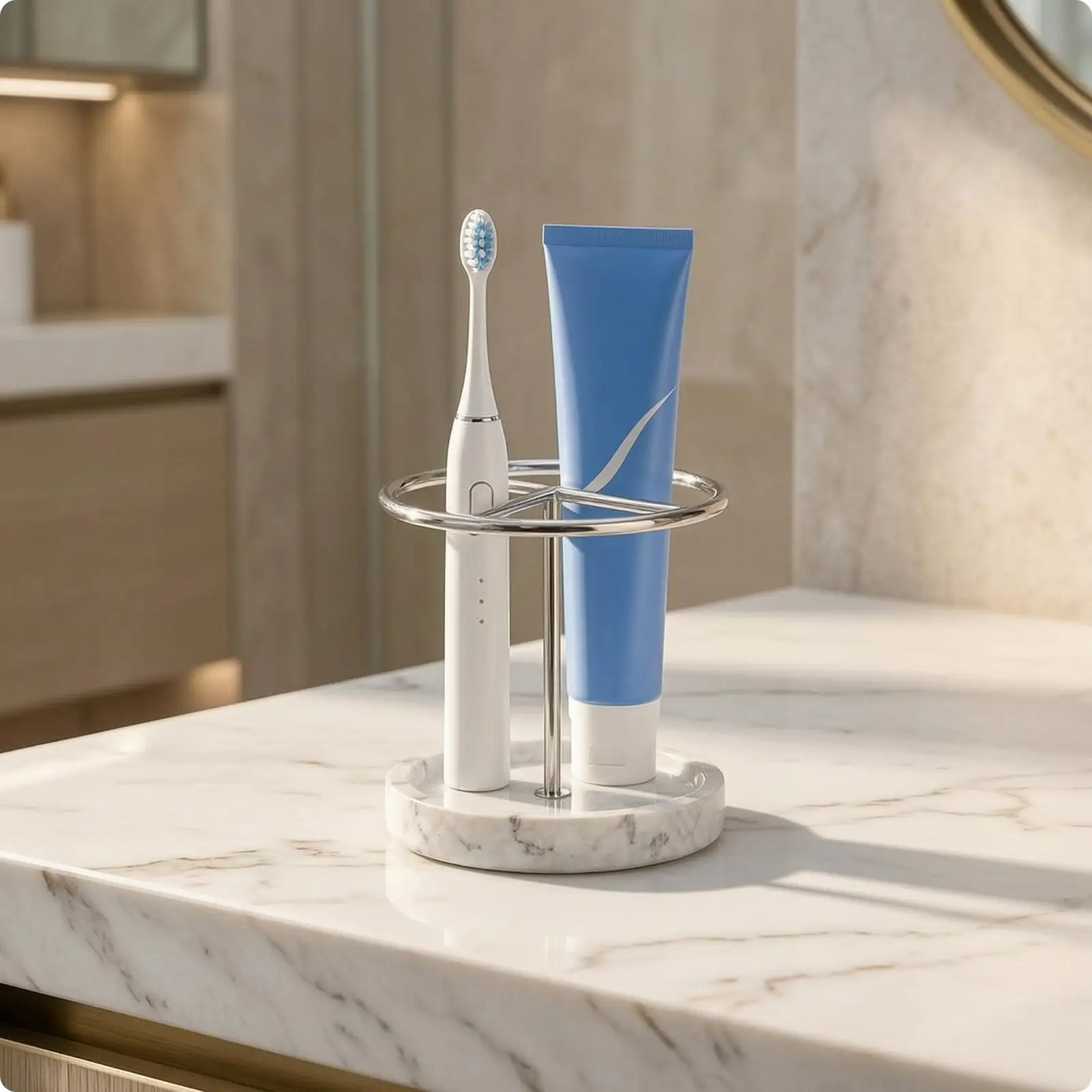 Compact Toothbrush Organizer Stainless Steel with Resin Base Circular Divider Design Tidy Bathroom Countertop Holder