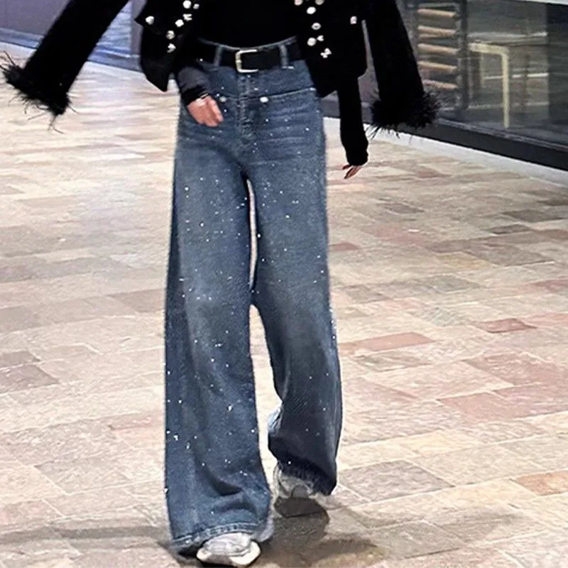 Large-sized Heavy-duty Diamond Embossed Wide-leg Jeans Women, New Spring Summer High-waisted Starry Sky Straight-leg Denim Pants