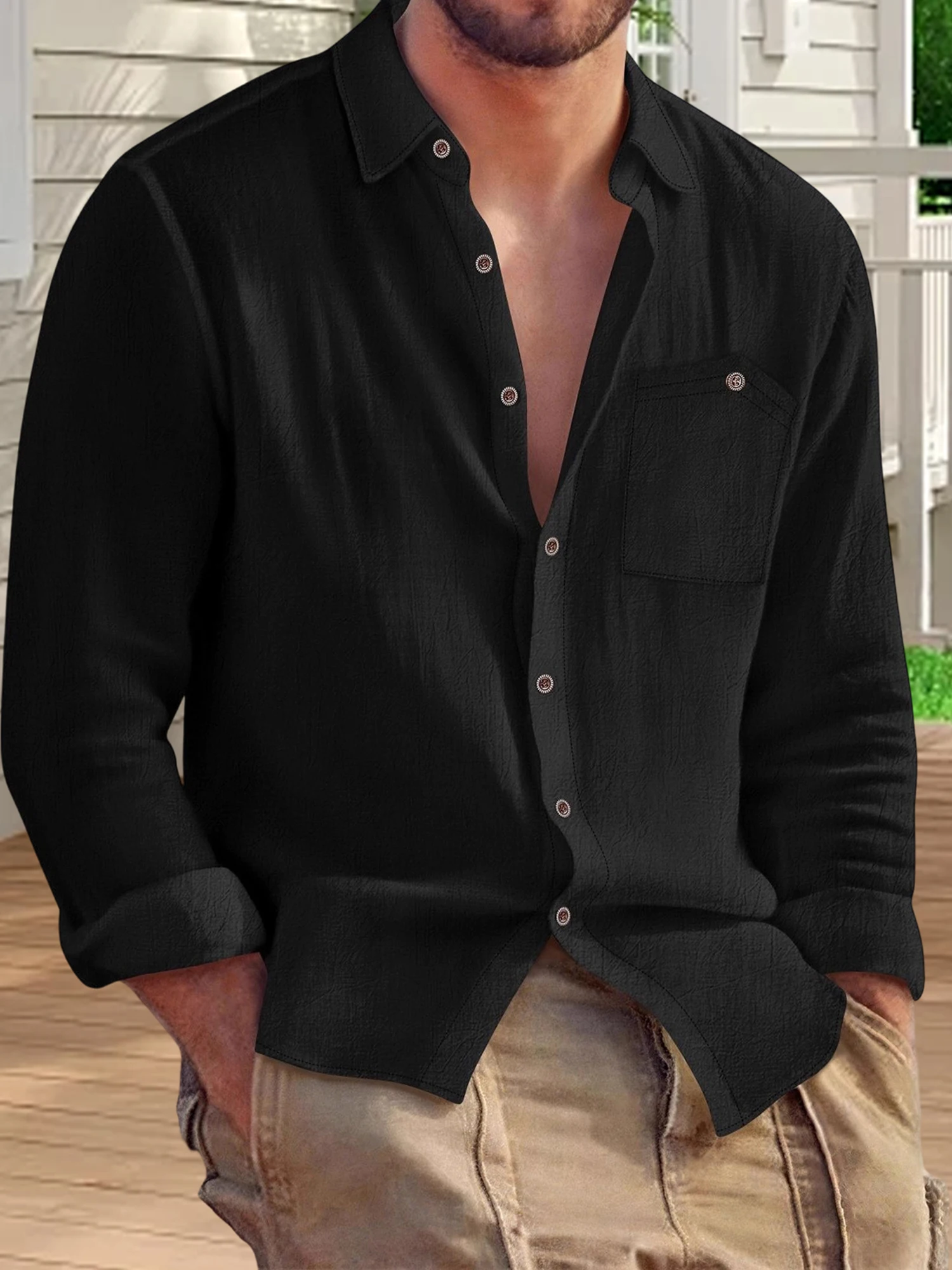 Herren-Hemd mit entspannter Passform, langärmelig, einfarbig, Button-Down-Hemd mit Umlegekragen und Brusttaschen für Freizeitkleidung im Herbst