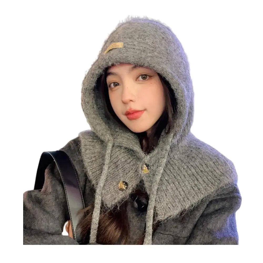 AliExpress NONE Winter Beanie Hats One-Piece Knit Wool Balaclavas Hooded Caps Korean Style Women's Winter Hood Neck Warmer Cycling Beanies Caps