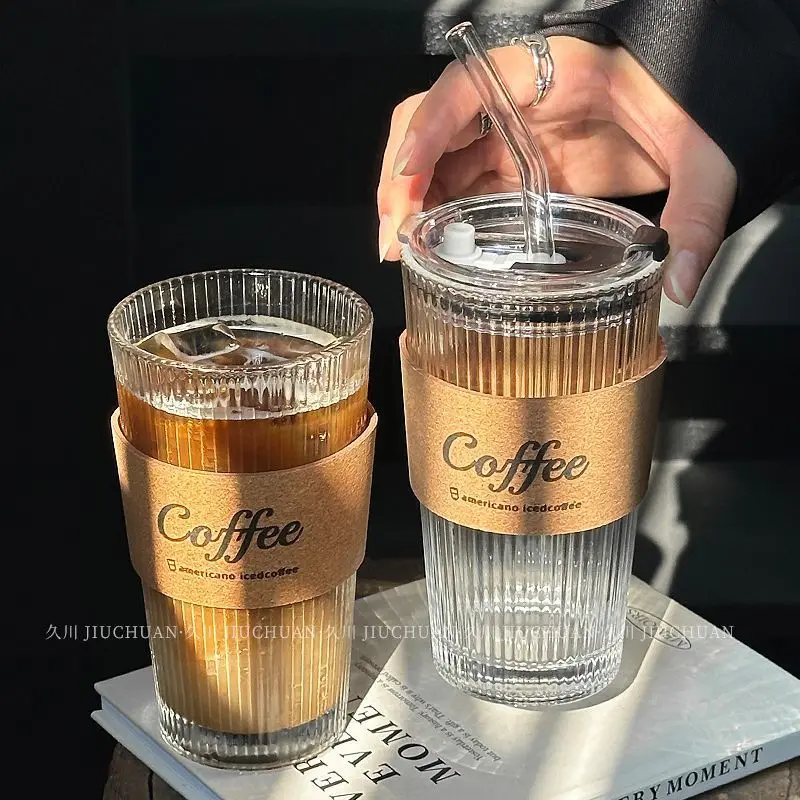 350ml Stripe Coffee Glass Cup Transparent Glass Cup With Lid and Straw Iced Coffee Mug Juice Milk Tea Water Cup Drinkware