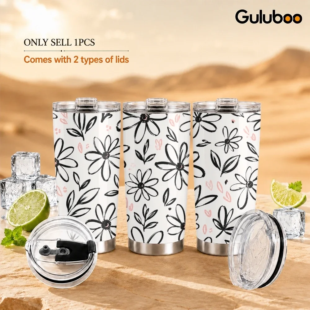Minimal Line Art Vacuum Flasks 20oz Stainless Steel Insulated Tumbler Double Wall Coffee Drink Cup with 2 Lids Straw Travel Mug