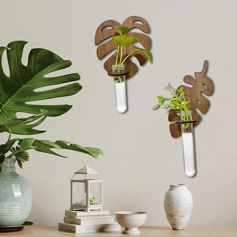 Leaf Shape Wooden Wall Hanging Planter Monstera Hydroponic Test Tube Vase Indoor Propagation Station For Home Decoration