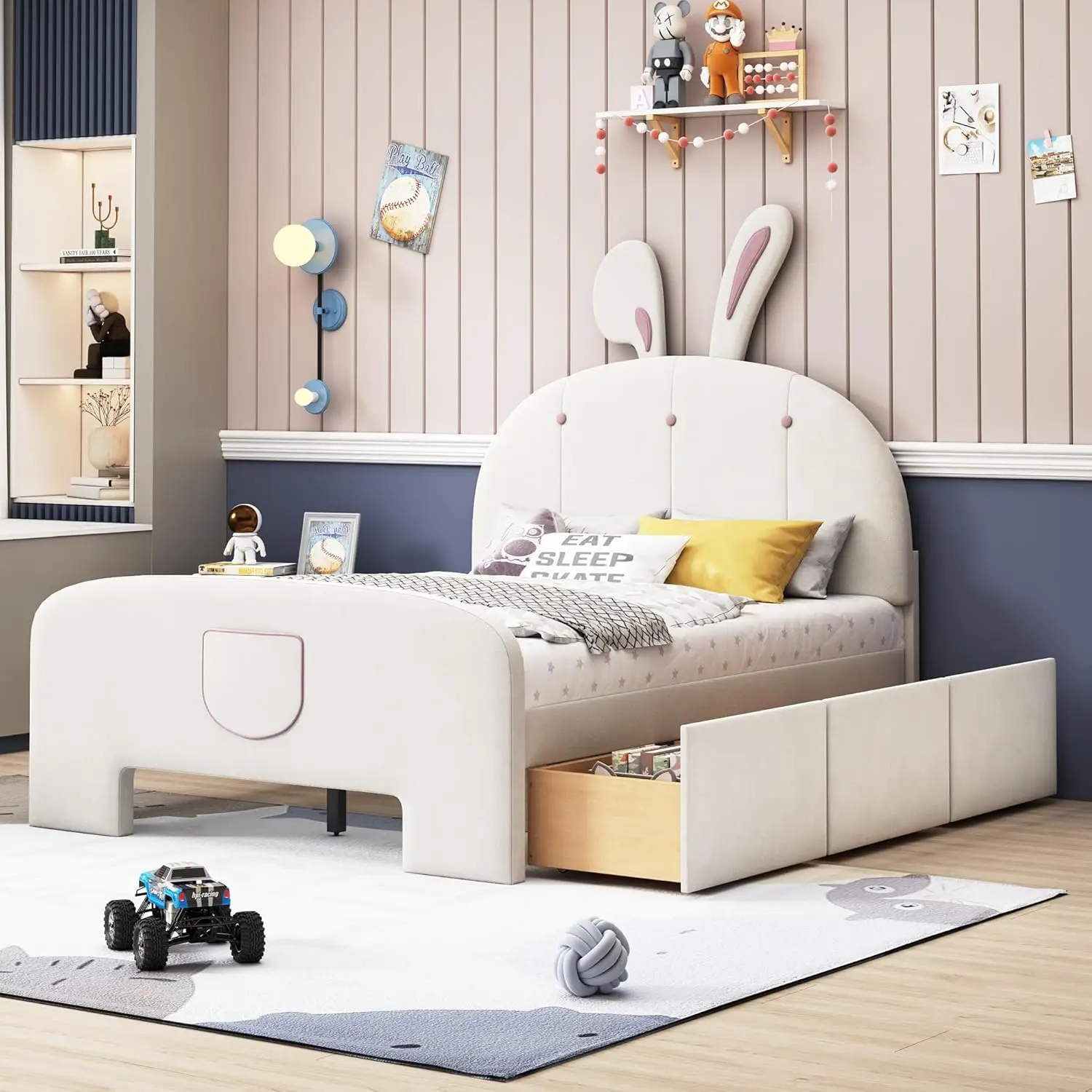 

Full Size Upholstered Platform Bed with Bunny Ears Headboard for Teens, Boys, Girls, Velvet Wooden Bed Frame with Under