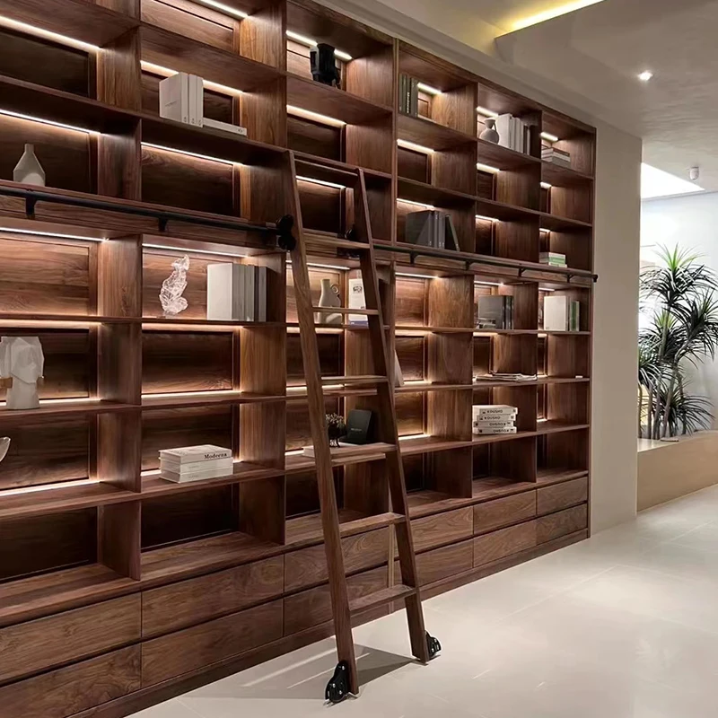 

North American all-black walnut full wall bookshelf with lamp Japanese-style solid wood lattice rack integrated floor-to-ceiling