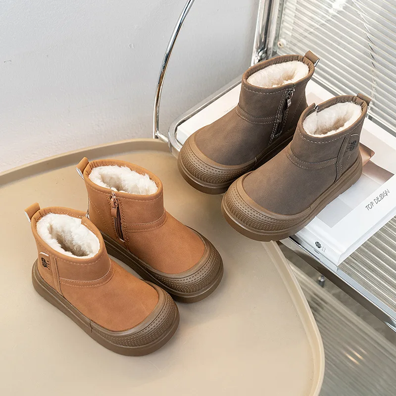 

Kids'Snow Boots Solid Color PU Leather Fashion Winter Flat Shoes For Children Anti-slip Soft Bottom Warm Grey Brown Size 26-36