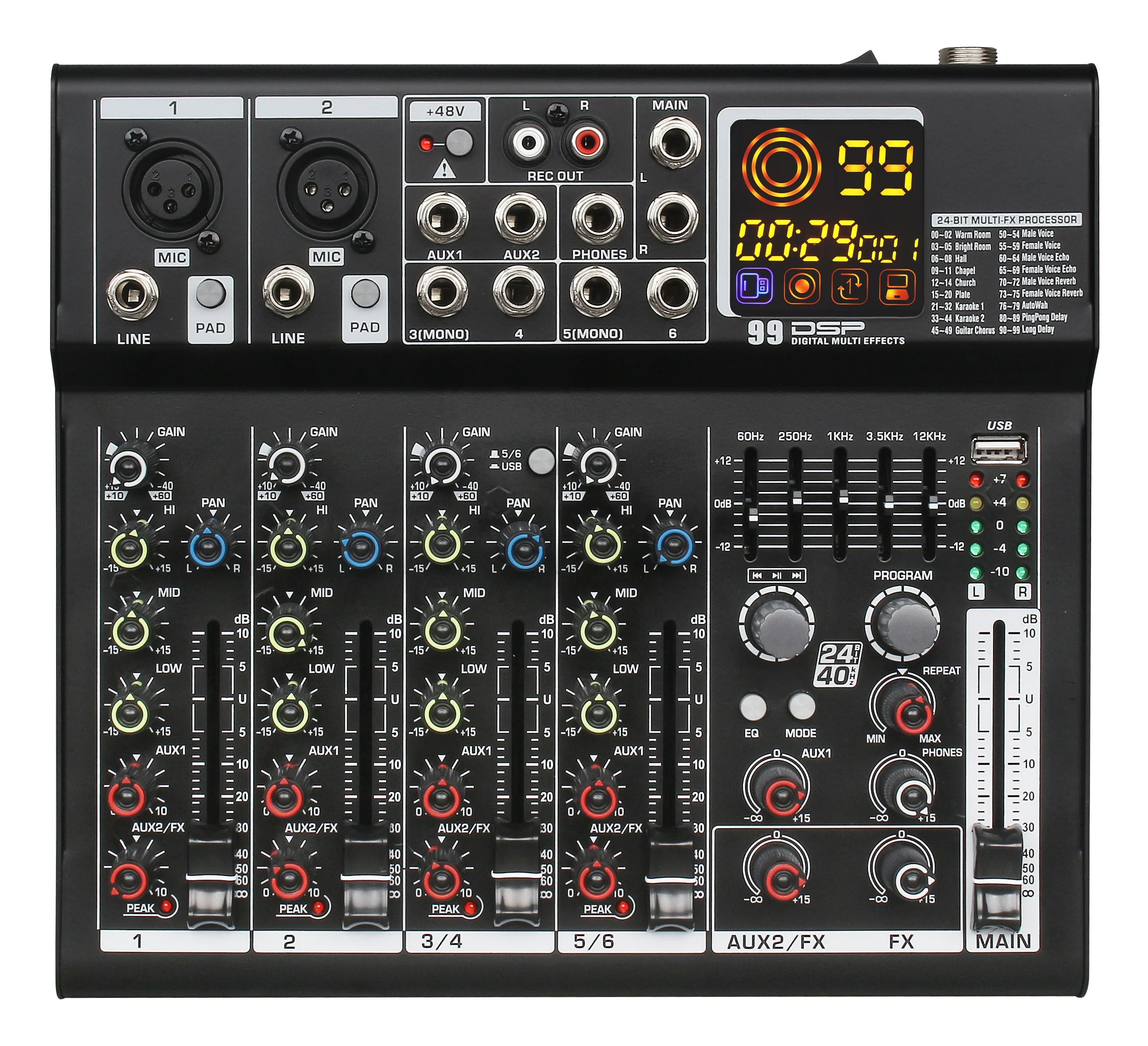 

Dropshipping 6 Channels 48v MR400 DSP Digital Multi Effects Processor Phantom Power Mini Audio Mixer