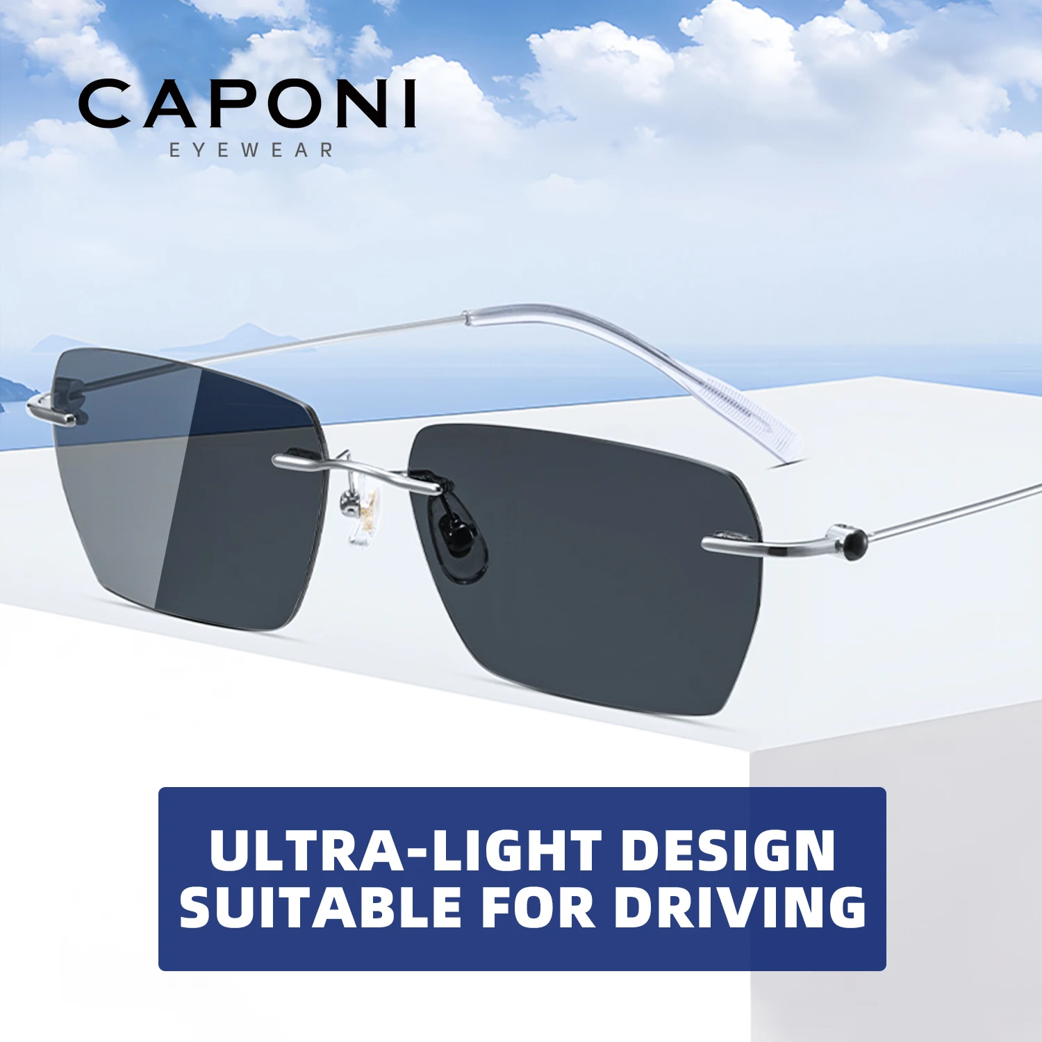 CAPONI Polarized Men Sunglasses Original Design Ultralight Rimless Photochromic Light Black SunGlasses Driver UV400 Shade BS0621