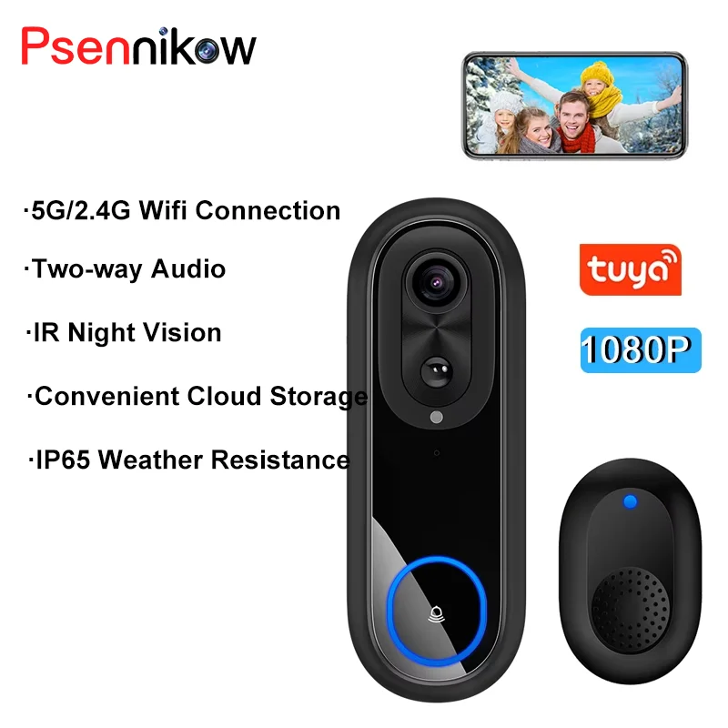 

WiFi Video Doorbell 5G 2.4G 1080P Wireless Bell Tuya APP Smart Intercom Camera IP65 Waterproof Ring Bell with 7000mAh Battery
