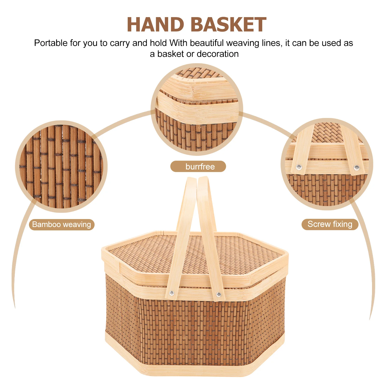 

Woven Bamboo Picnic Basket with Lid Handle for Outdoor Camping Food Storage Rustic Vintage Fruit Vegetable Basket