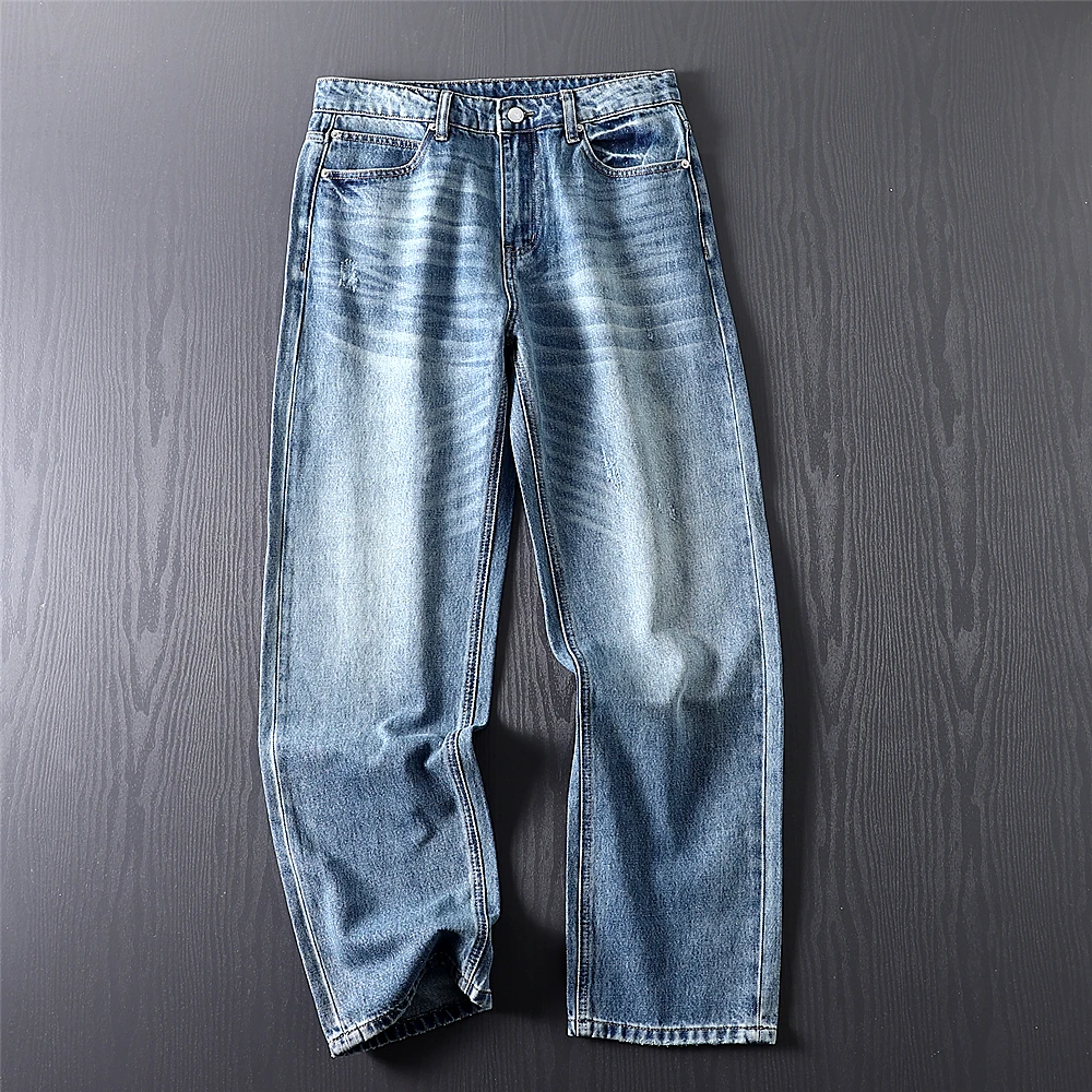 

New American Sle Cotton Waed Handmade Distred Loose Straight Casual Jeans Men's Autumn Trendy Breathable Comfortable