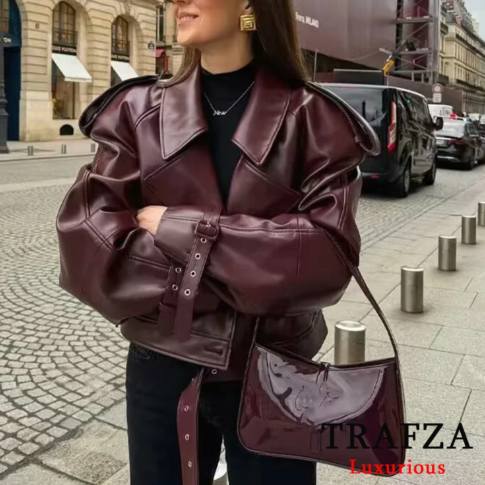 TRAFZA Vintage Chic Claret Leather Jackets Women V Neck Long Sleeve Sashes Faux Leather Coats Fashion 2024 Autumn Winter Outwear