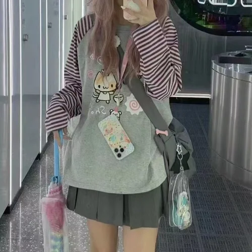 Imagen 1 del producto Camiseta con estampado de dibujos animados de Japón Kawaii, Top de manga larga con cuello redondo, blusas juveniles, camiseta para mujer, camisetas gráficas a rayas OTAKU Y2k