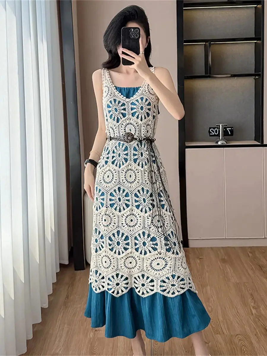 

Korean Fashion Strapless Dress Two Piece Set Women's Solid Sling Long Dress +Cutout Knitted Dress Suits Summer Vacation Outfits