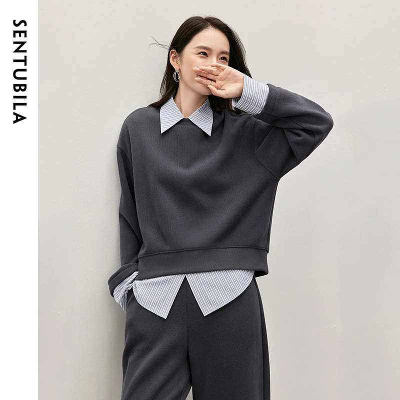 SENTUBILA Two Piece Sets Womens Outifits 2024 Winter Cotton Spliced Striped Sweatshirt Casual Full Pants New Match Set 144Z57308