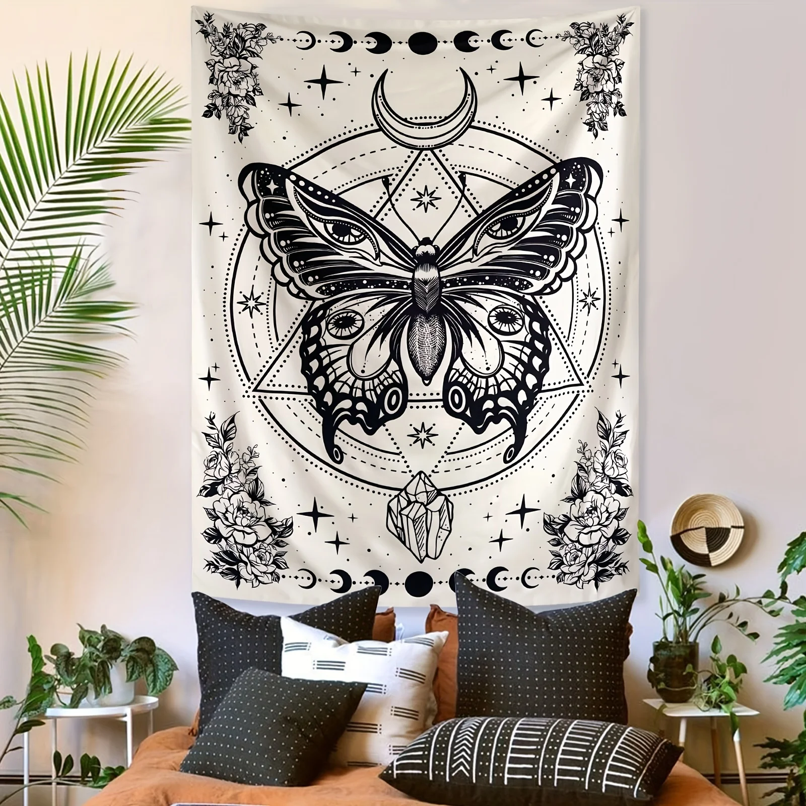VIKAMA Böhmischer Schmetterling Wandteppich, Motte, Blumen, Mond, ästhetisch, vertikal, Vintage, dekoratives Stück, Schlafzimmer, Wohnzimmer, Wand