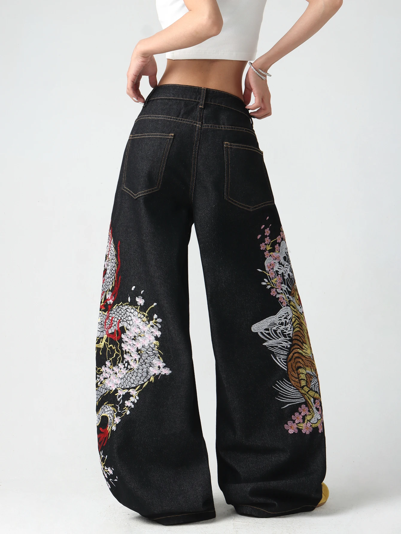 Trendy Girl Retro Heavy Industry Dragon Tiger Flower Embroidery Women's Cowboy Pants Street Wind Drop Wide Leg Pants