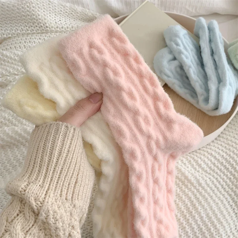 Winter Anti Cold Socks for Women Solid Color Fluffy Home Sleeping Socks Girls Middle Tube Thick Warm Cute Soft Floor Stockings