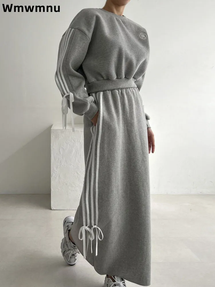 

Корейский модный винтажный комплект из 2 предметов, женский повседневный утепленный топ с бантом, Conjuntos, прямая юбка с высокой талией, ансамбли