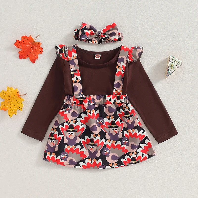Pakaian Musim Gugur Anak Perempuan Kaos Lengan Panjang dengan Rok Motif Turki dan Bando Senada - Set Thanksgiving 3 Potong