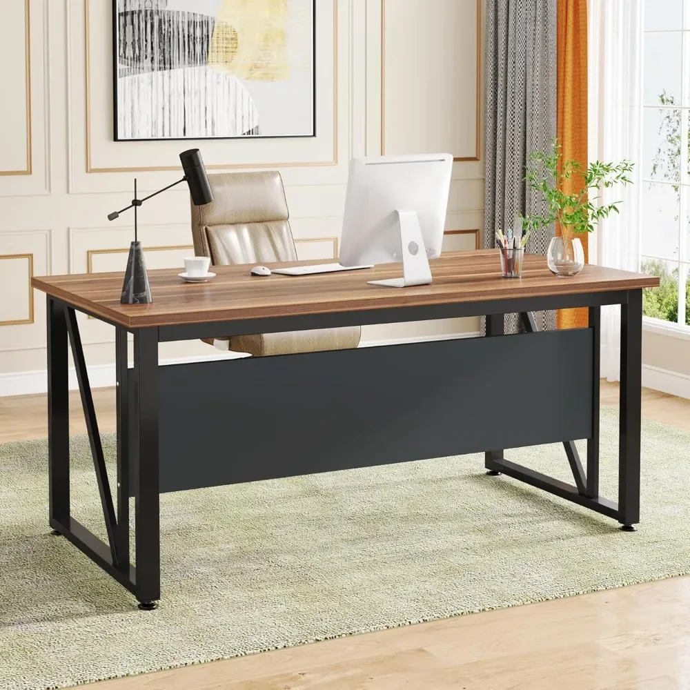 Simple Computer Desk 55 inches ,Desk Writing Table Workstation,Dark Walnut + Steel Leg， Cabinet not Included (Walnut, 55-inch)