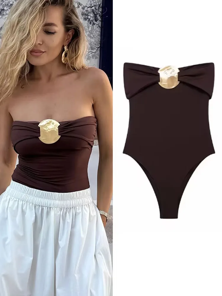 

2024 Summer Women Bow Pleated Bodysuit Woman Solid Sexy Backless Swimsuit Brown +Black Ruched Party Rompers Beach Style