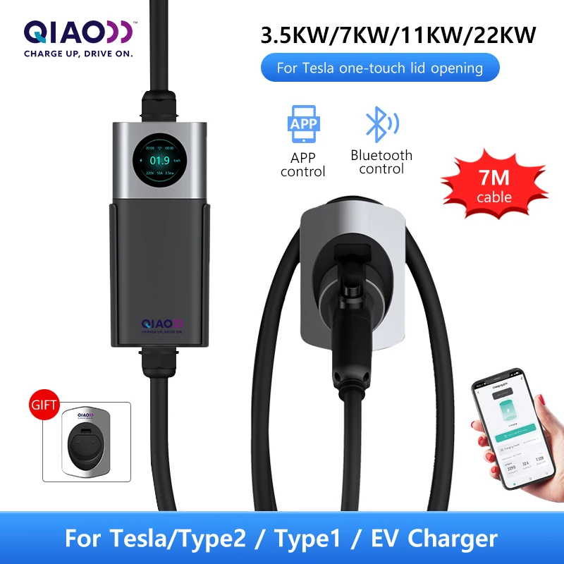 

QIAO Level 1 LEVEL2 EV Charger 3.5KW 7.3KW 11KW 22KW 16A 32A Type 2 Portable Electric Vehicle Charging 7Meter Bluetooth APP