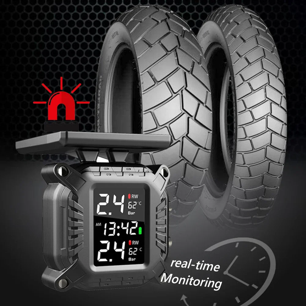 Motorcycle TPMS Solar Power Tire Pressure Monitor Wireless Tire Pressure Monitoring System Tyre Temperature Sensor Alarm System