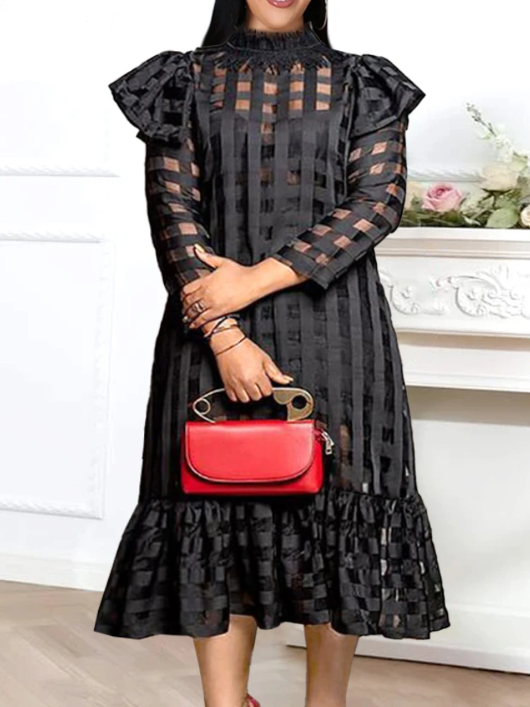 Plus Size Black Long Dress Plaid See Though Long Sleeve Midi Dresses Summer Autumn High Street Evening Party Club Outfits 2023