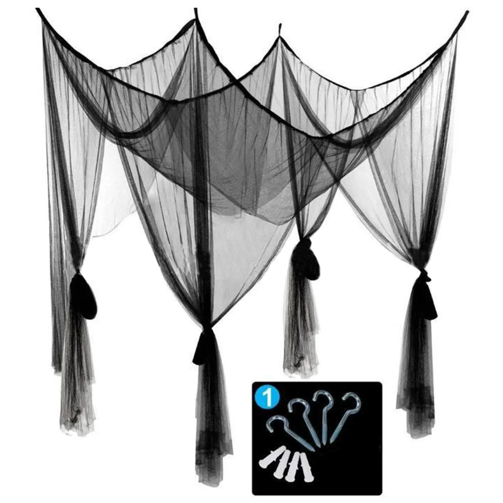 Black Bed Canopy Camping Mesh Net Travel Cot Curtains Twin Car Window Shades 4 Corner Post Netting