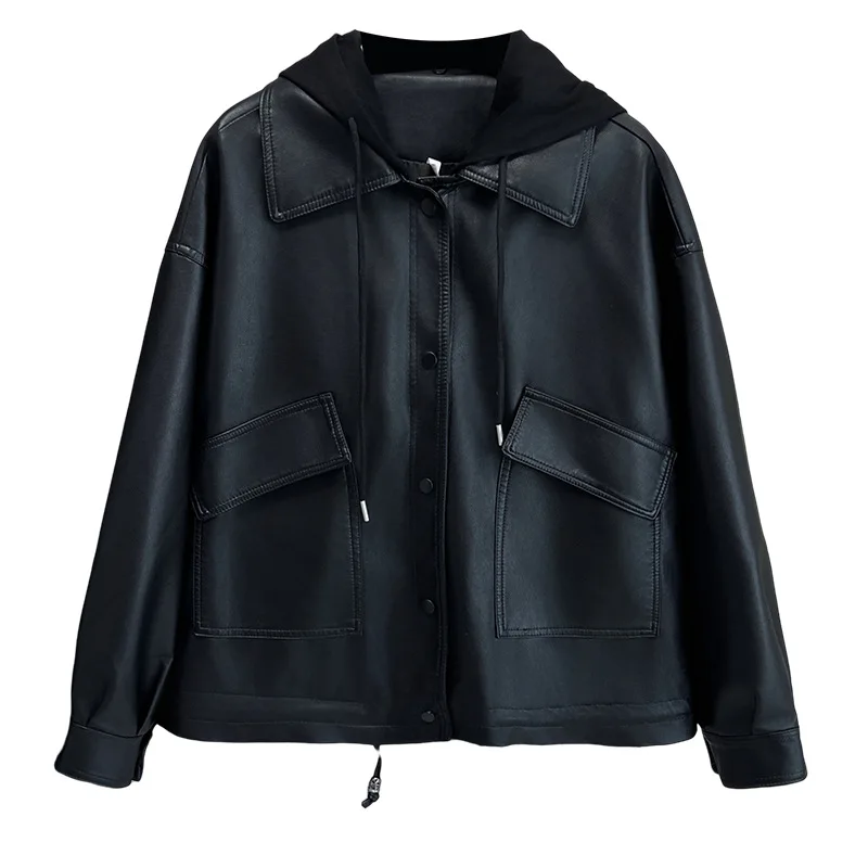 

Fashion Plus Size Women's Leather Jacket Autumn New Loose Black Hooded Large Pocket PU Zipper Coat 6633