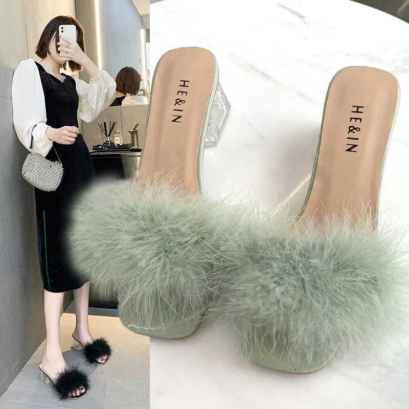 2025 Elegant and High Quality Fashion Slippers Women's Summer New Open Toe Plush Fox Fur Flip Flops Sexy High Heel Sandals view 3