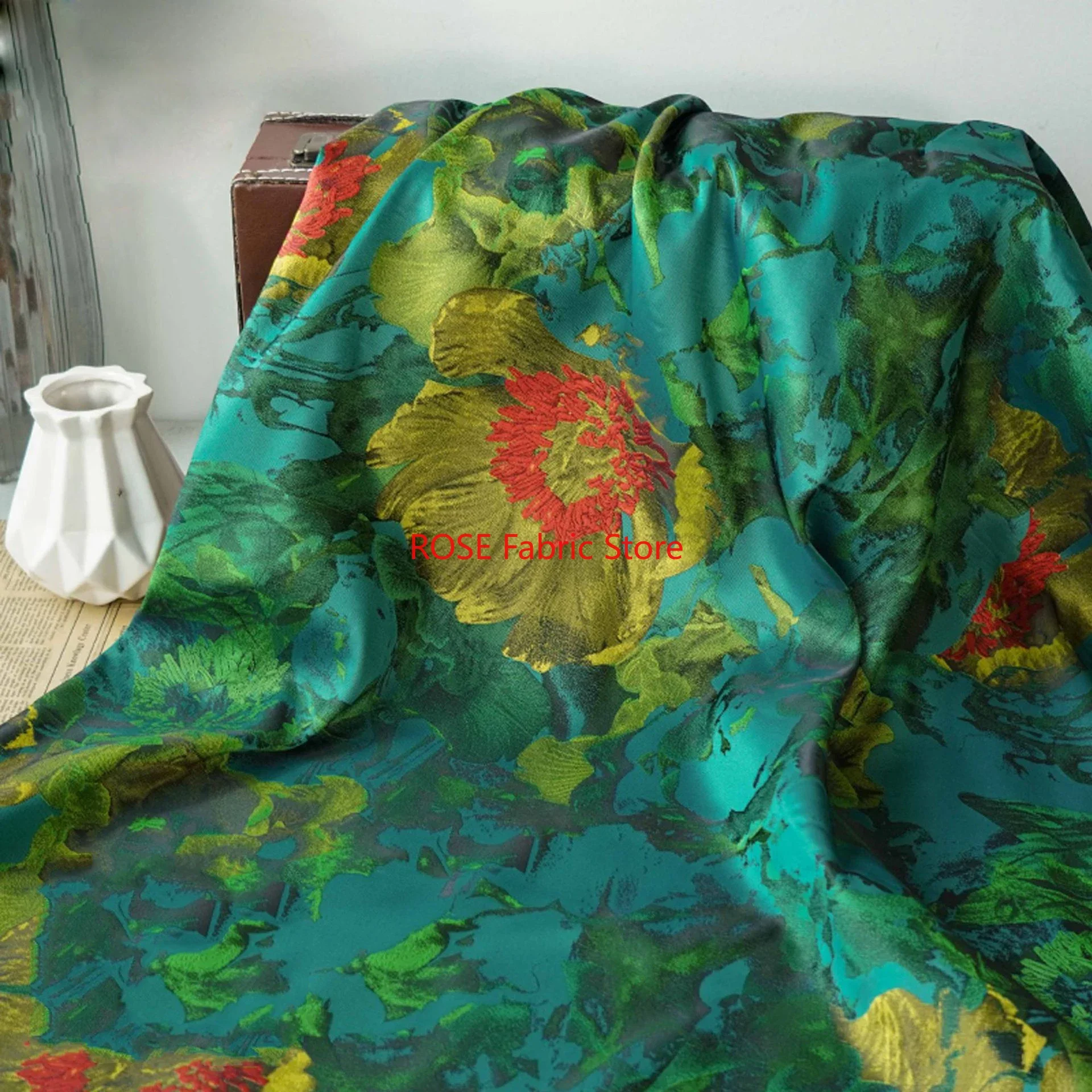 1 Meter Oil Painting Style Retro Floral Jacquard Fabric Soft Women's Dress Skirt Bag Decorative Sewing Fabric
