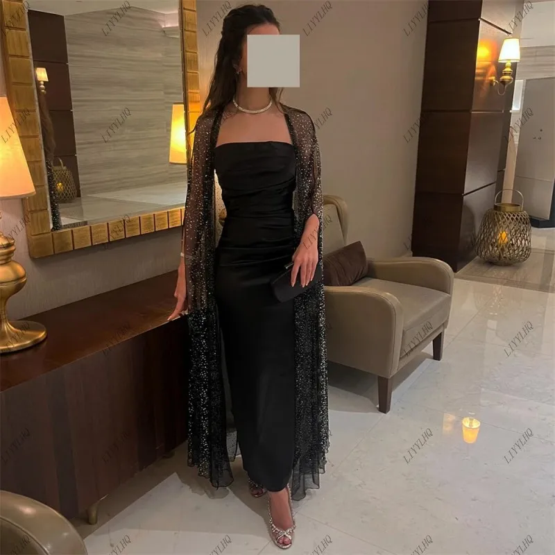 LIYYLHQ Saudi Arabic Black Beading Satin Formal Occasion Evening Dresses With Cap Mermaid Ankle-Length Women Prom Party Dress