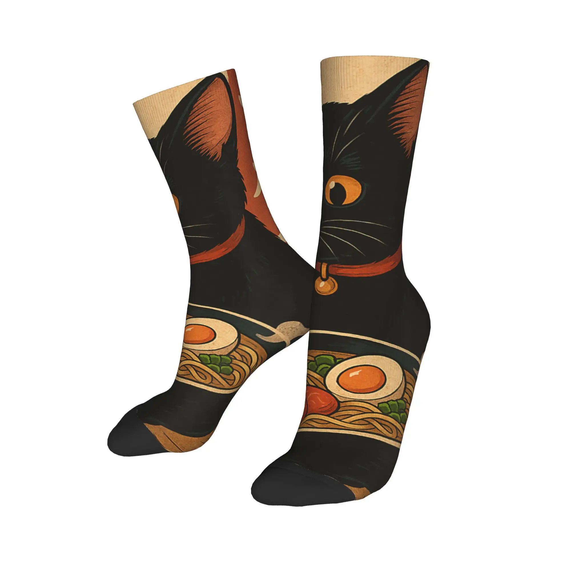 

New Men's Socks Harajuku Japanese Black Cat Ramen Sock Polyester Kawaii Noodle Cat Sport Women Socks Spring Summer Autumn Winter