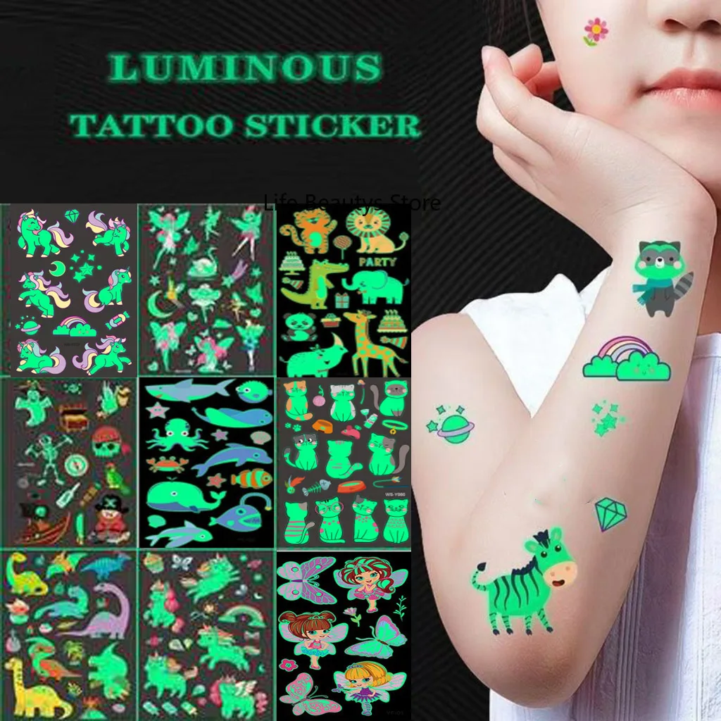 

5 Pieces/set Luminous Stickers Temporary Tattoo Mermaid Stickers Dinosaur Ocean World Fairy Animal Unicor Stickers