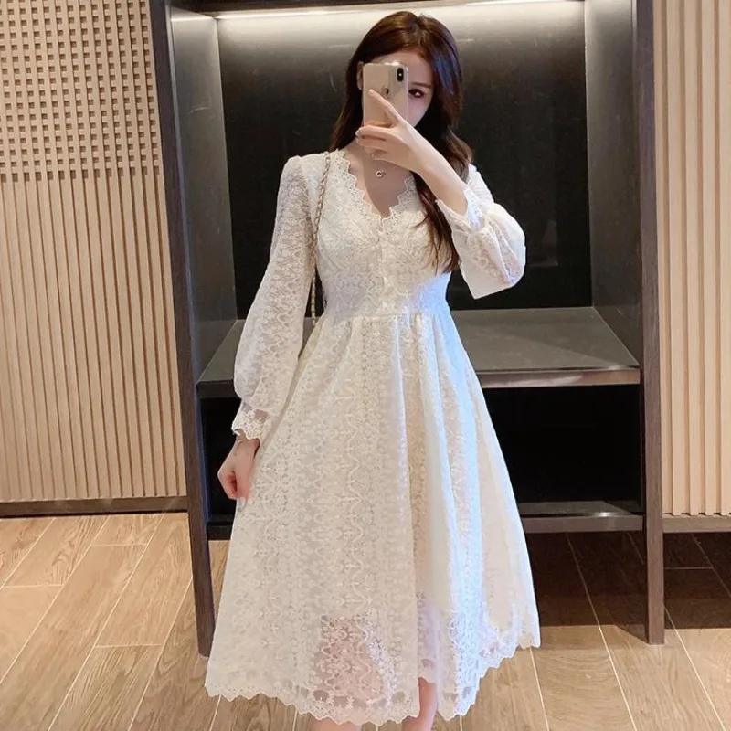 Abiti Midi in pizzo per le donne vacanza retrò albicocca donna abito manica lunga estetica a buon mercato Casual elegante lusso sui vestiti di