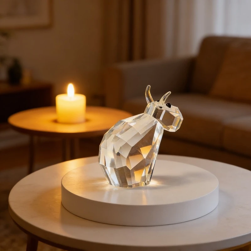 Exquisite Crystal Ox Statue Bull Figurine Clear Crystal Home Living Room Office Bedroom Decor