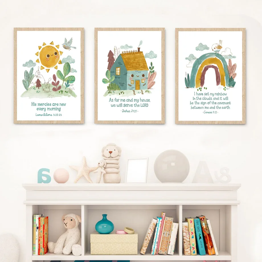 

Nursery Wall Art Children's Prints Fruit Sun Bird Rainbow Hut Daisy Grass Cloud Posters For Kids Room Baby Decor Canvas Painting